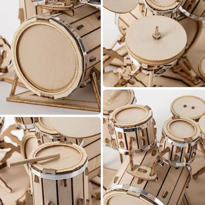 3D WOODEN PUZZLE MODEL KIT, ENGAGING MUSICAL INSTRUMENT DRUM SET CRAFT PROJECT FOR ADULTS AND TEENS, CREATIVE HOBBY GIFT AND DESK DECOR (179 CHARS) - Image 2